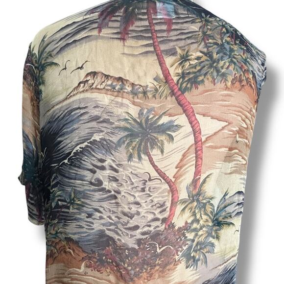 Vintage 90s Citron Santa Monica Top Silk Tropical Scenic Blouse Semi Sheer Shirt - Picture 5 of 11